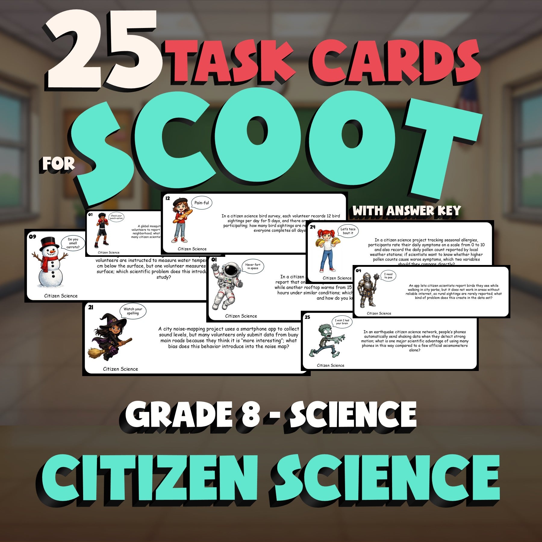 Citizen Science SCOOT TASK CARDS Science Game - No Prep Grade 8 Review Activity