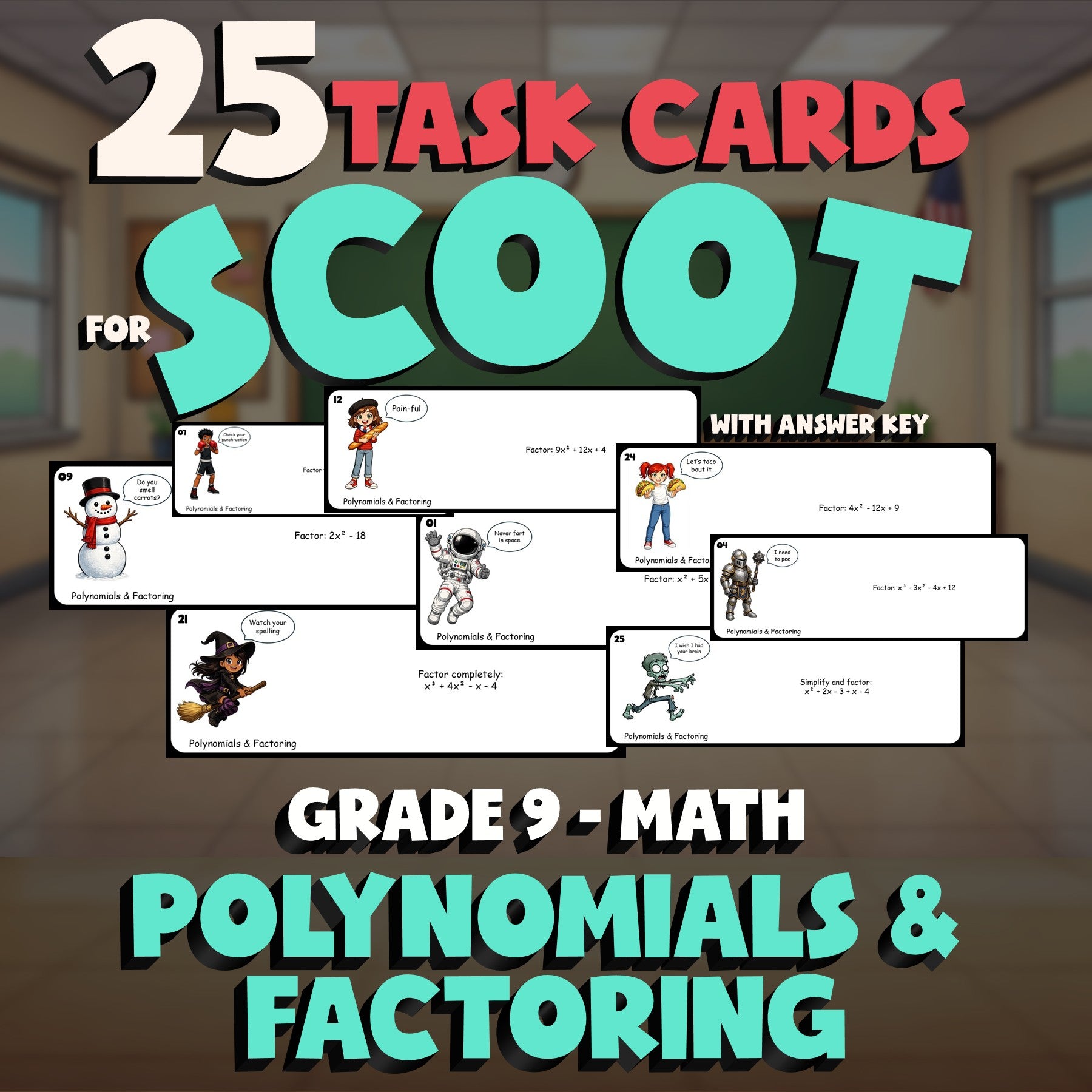 Polynomials & Factoring SCOOT TASK CARDS Math Game - No Prep Grade 9 Review