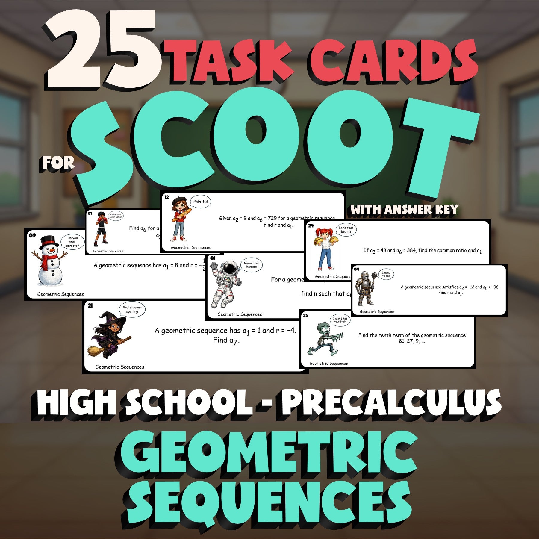 Geometric Sequences SCOOT TASK CARDS Math Game - No Prep PreCalculus Review
