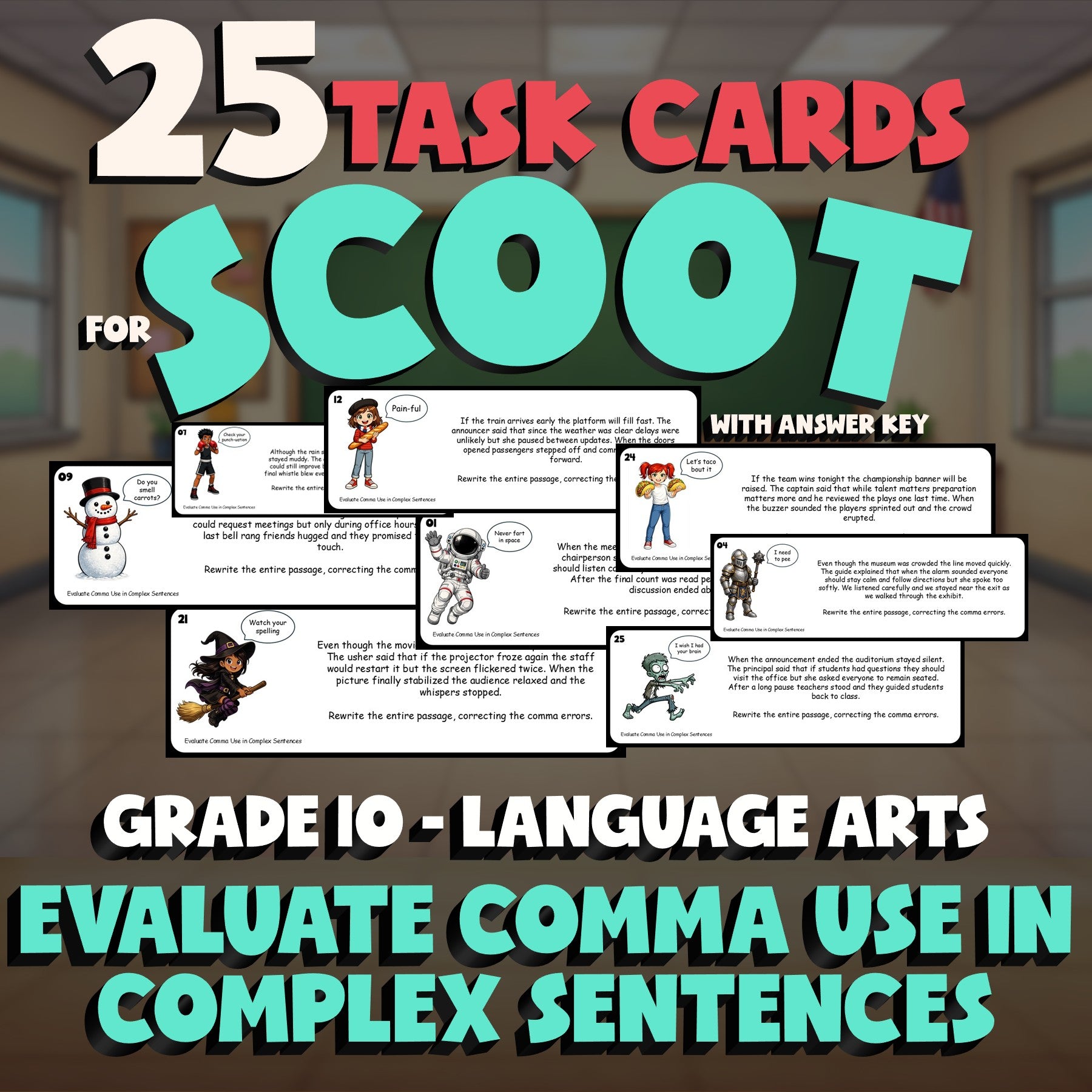 Evaluate Comma Use in Complex Sentences SCOOT TASK CARDS ELA Game - Grade 10
