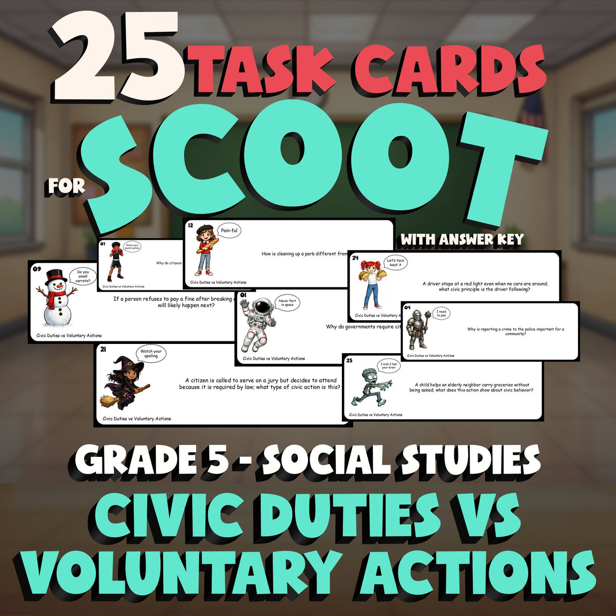 Civic Duties vs Voluntary Actions SCOOT TASK CARDS Socials Game - Grade 5