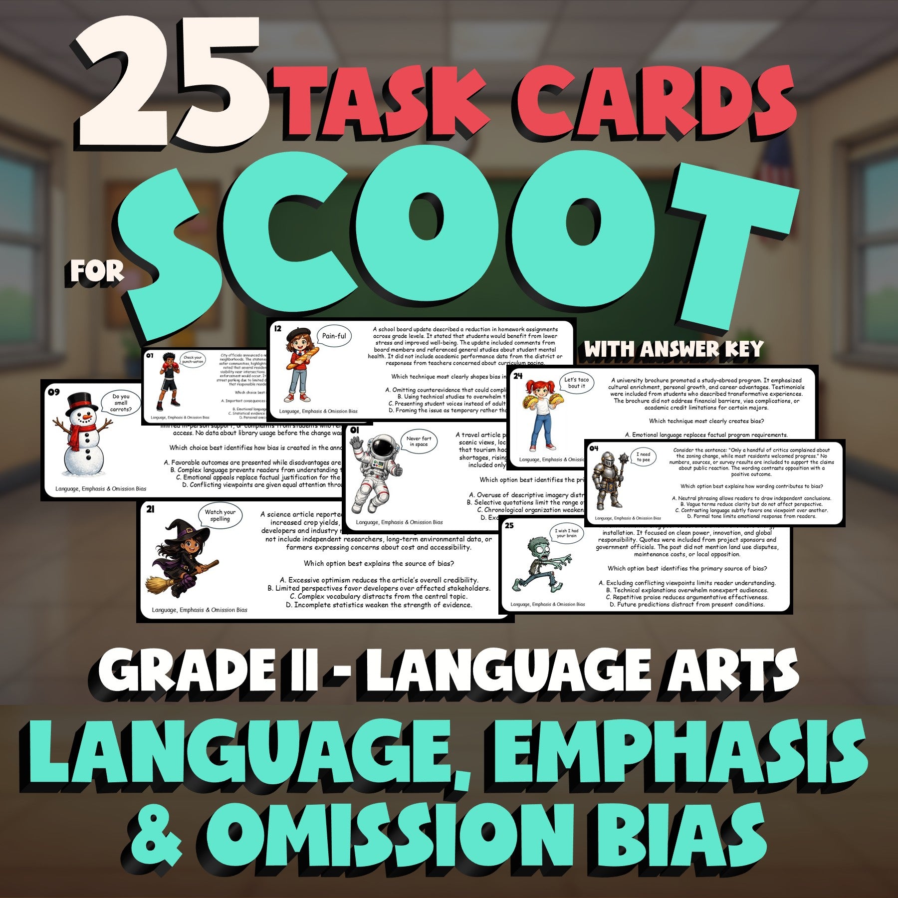 Language, Emphasis & Omission Bias SCOOT TASK CARDS ELA Game - No Prep Grade 11
