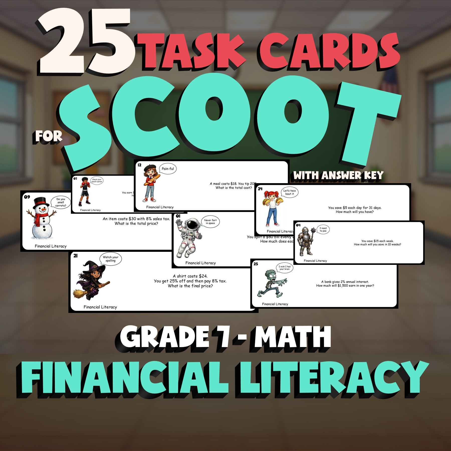 Financial Literacy SCOOT TASK CARDS Math Game - No Prep Grade 7 Review Activity