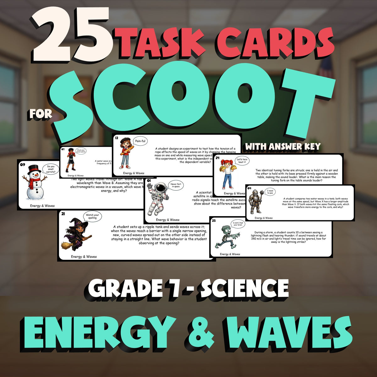 Energy & Waves SCOOT TASK CARDS Science Game - No Prep Grade 7 Review Activity