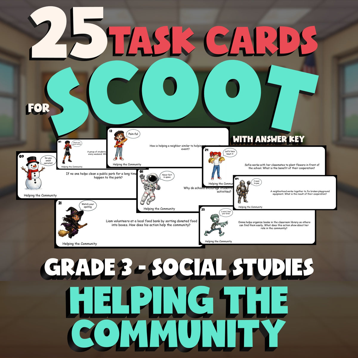 Helping the Community SCOOT TASK CARDS Socials Game - No Prep Grade 3 Review