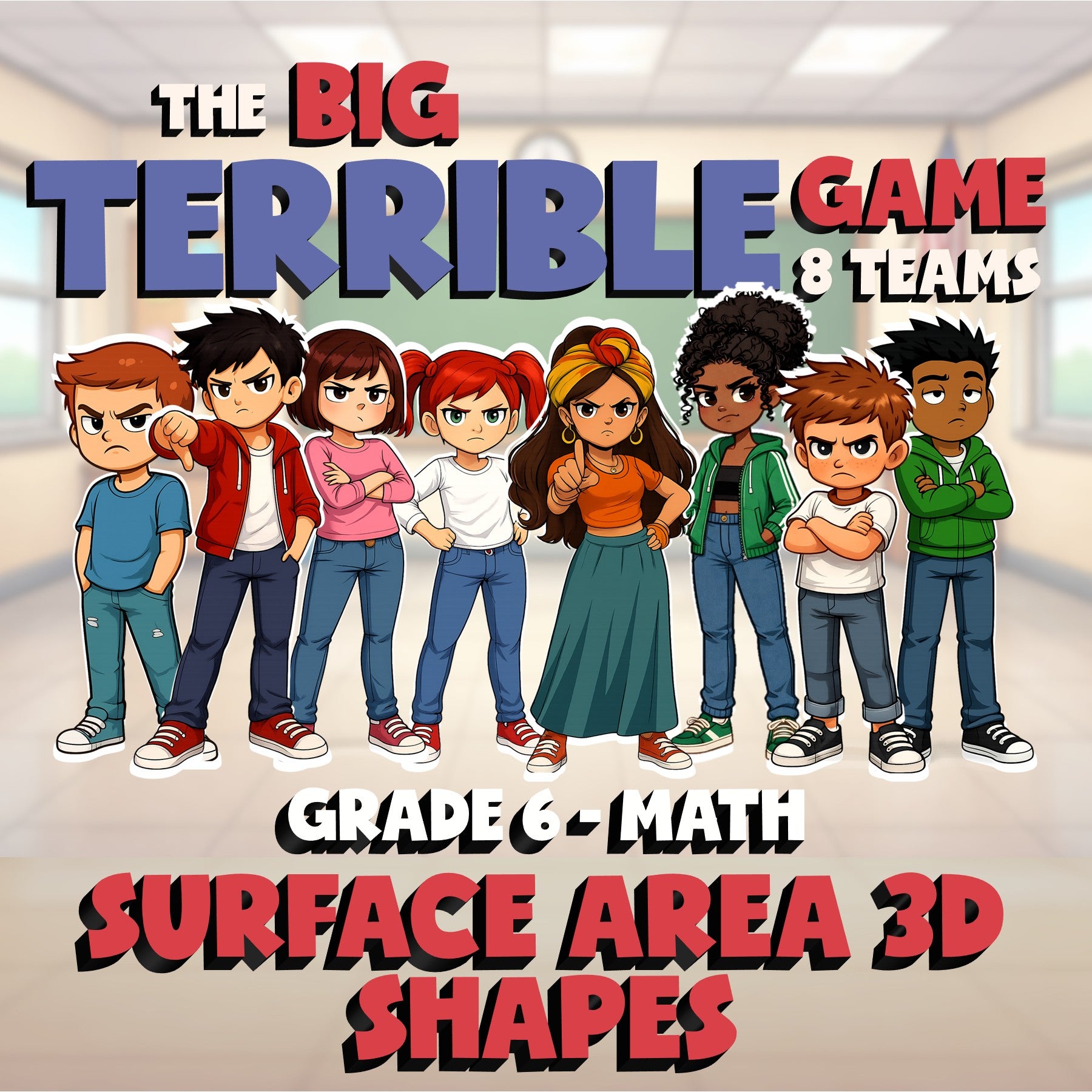 Surface Area 3D Shapes BIG TERRIBLE GAME - No Prep Grade 6 Math Review Activity