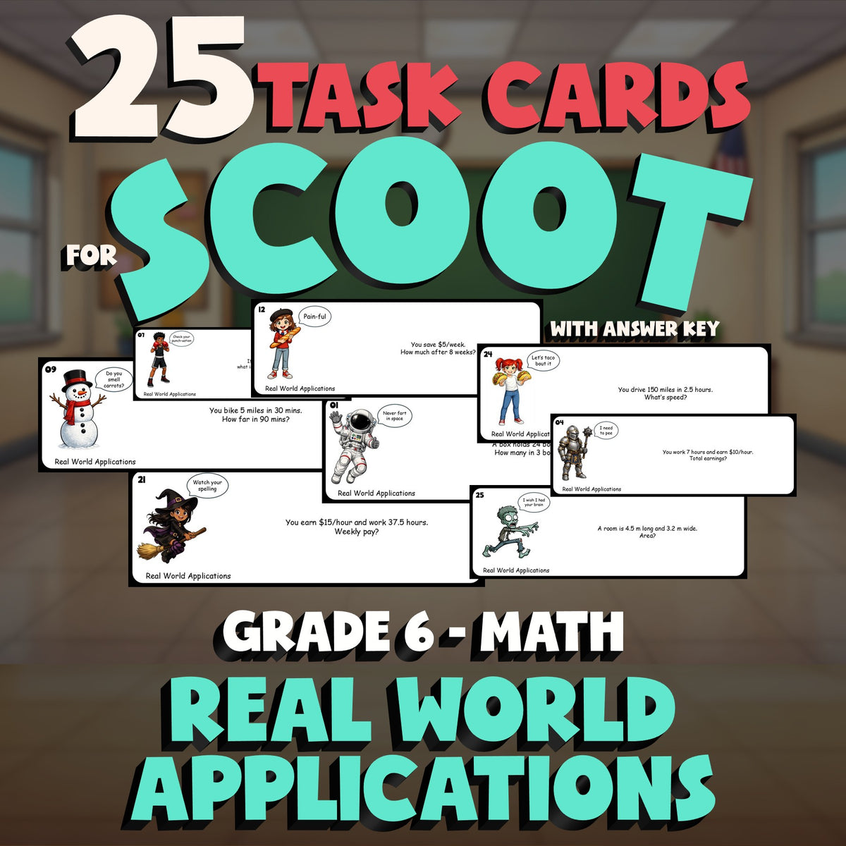 Real World Applications SCOOT TASK CARDS Math Game - No Prep Grade 6 Review