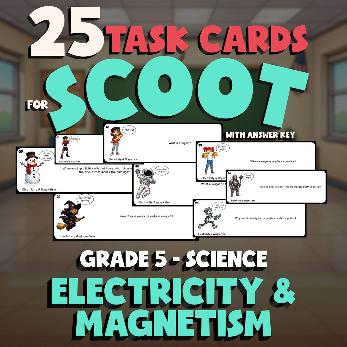 Electricity & Magnetism SCOOT TASK CARDS Science Game - No Prep Grade 5 Review
