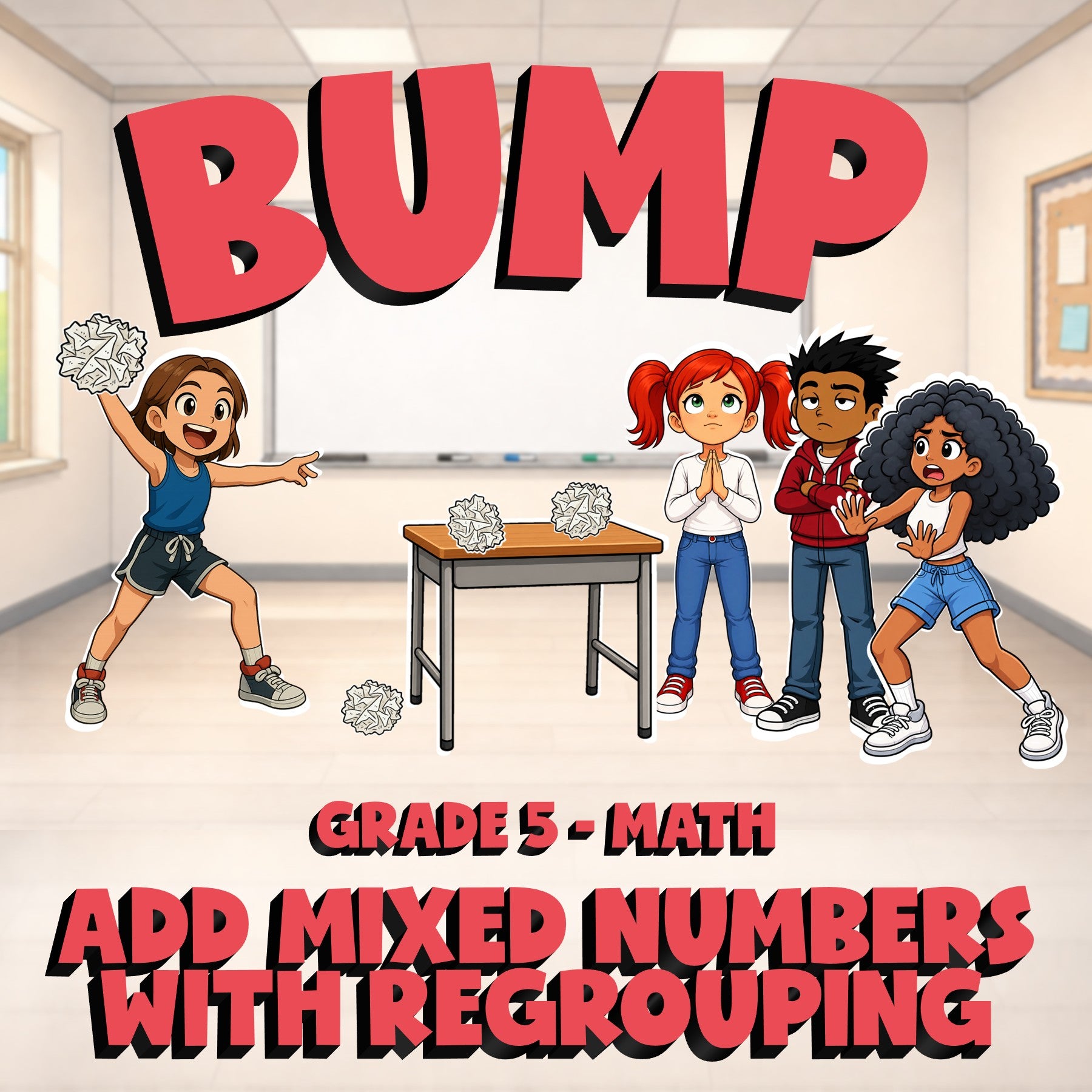 Add Mixed Numbers with Regrouping BUMP Math Game - No Prep Grade 5 Review