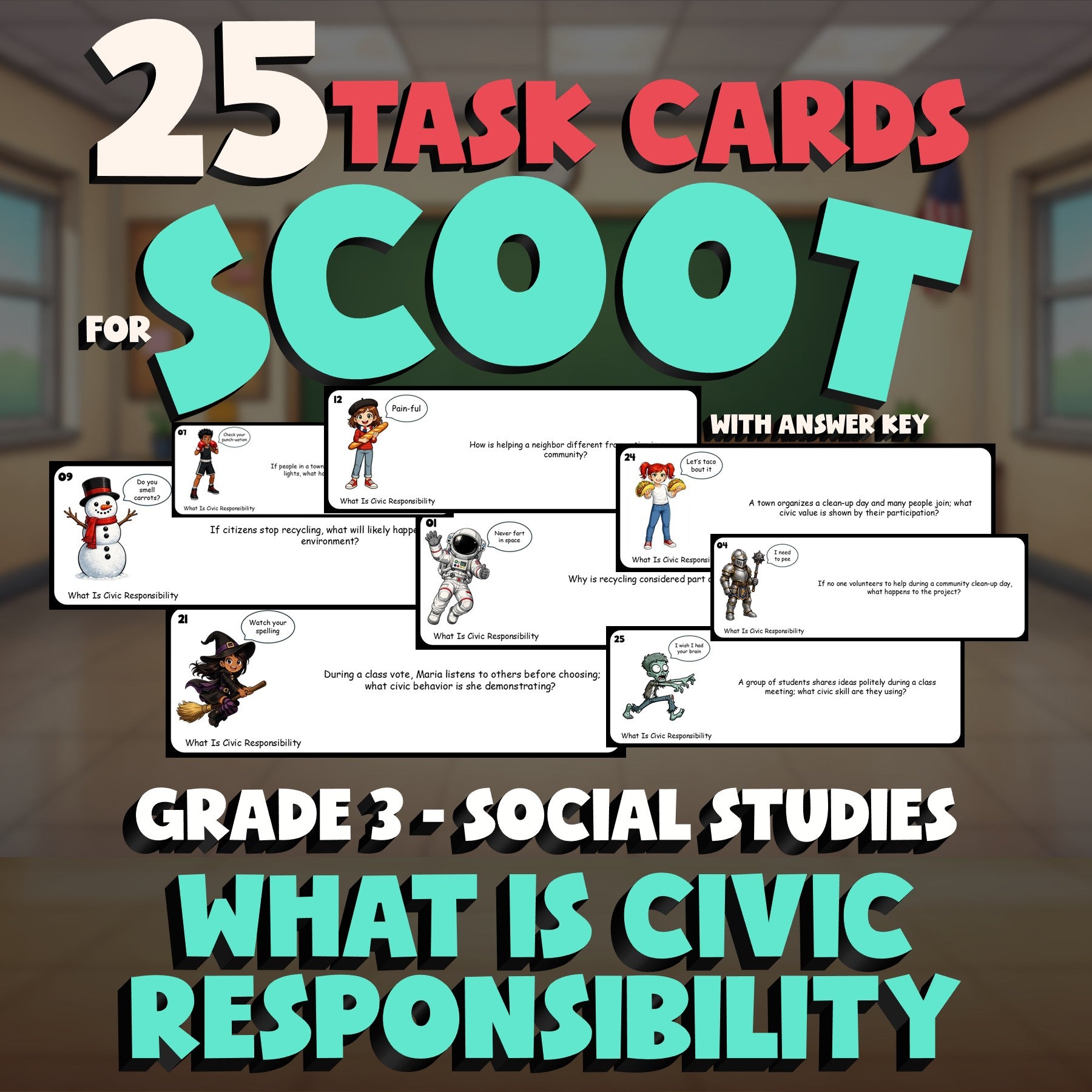 What Is Civic Responsibility SCOOT TASK CARDS Socials Game - No Prep Grade 3