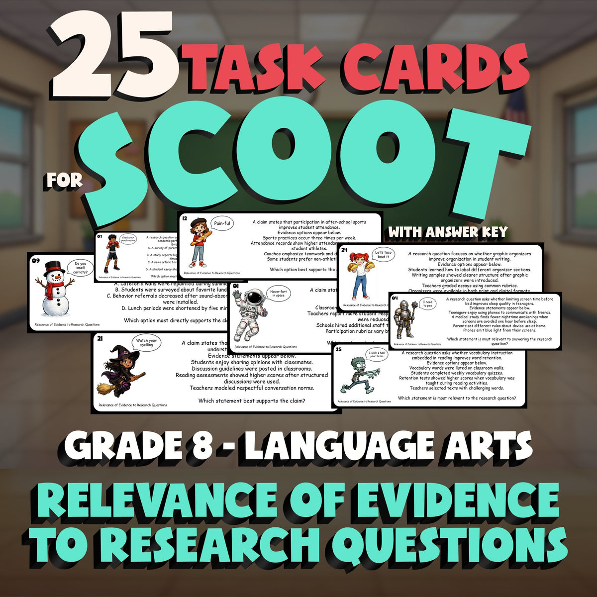 Relevance of Evidence to Research Questions SCOOT TASK CARDS ELA Game - Grade 8
