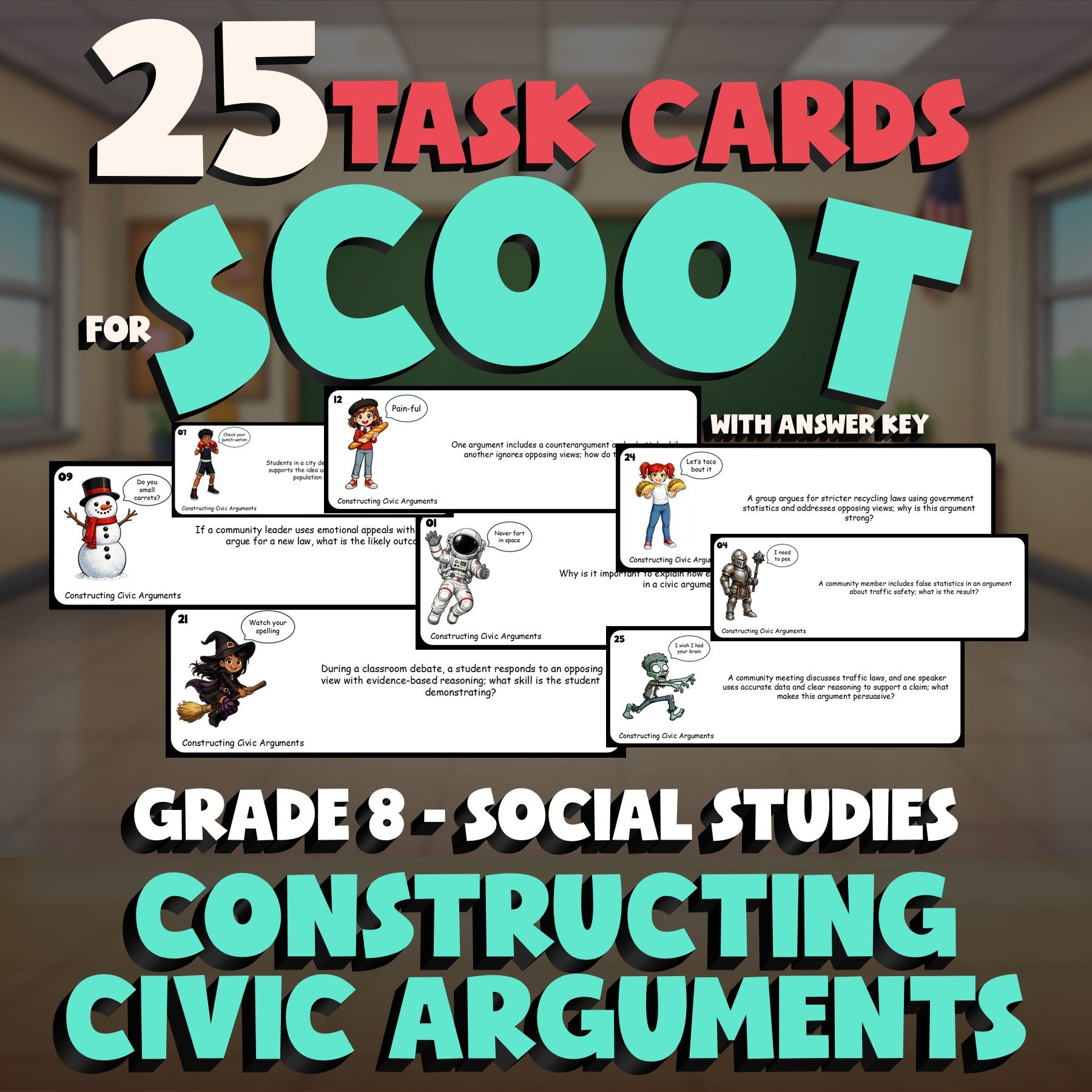 Constructing Civic Arguments SCOOT TASK CARDS Socials Game - No Prep Grade 8