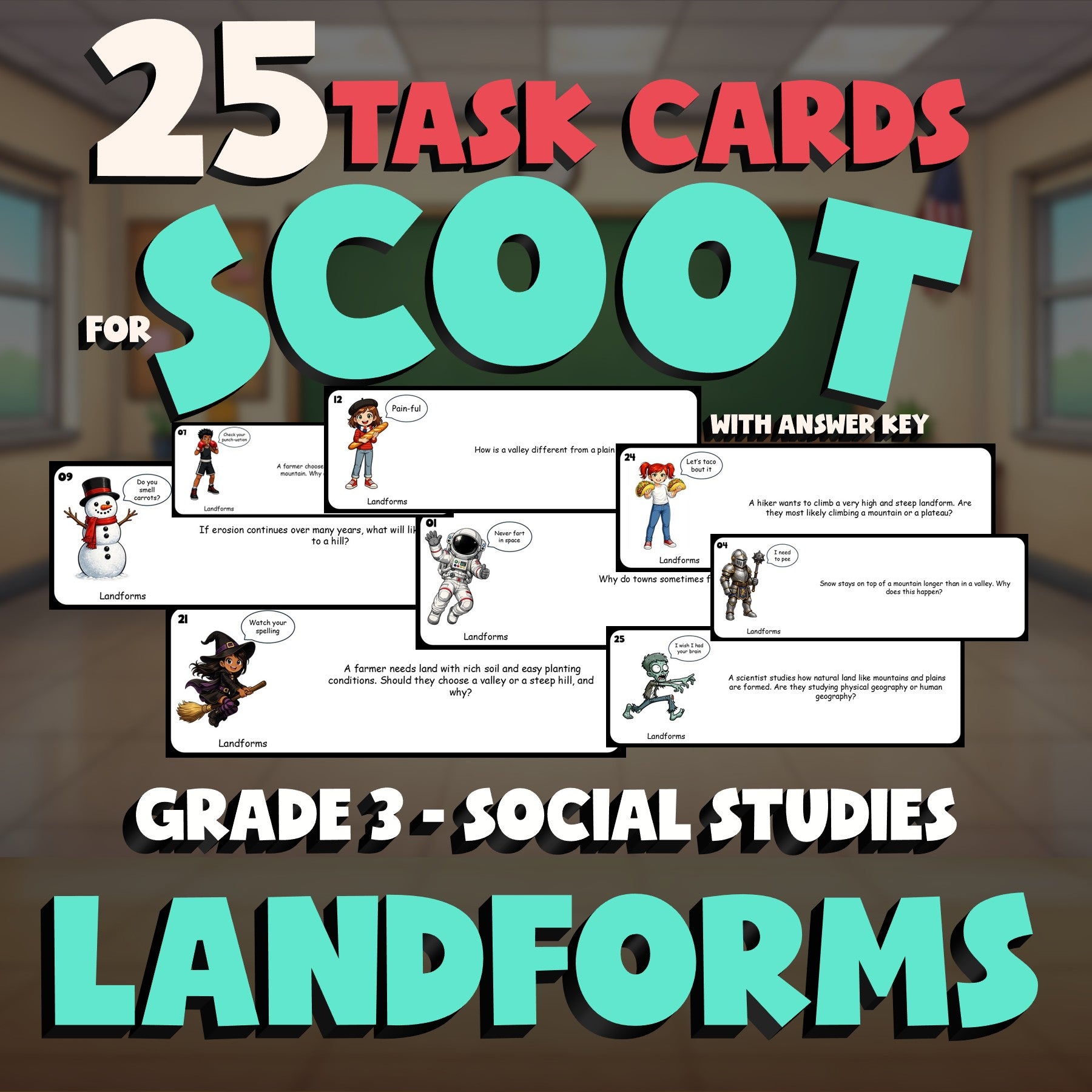 Landforms SCOOT TASK CARDS Socials Game - No Prep Grade 3 Review Activity
