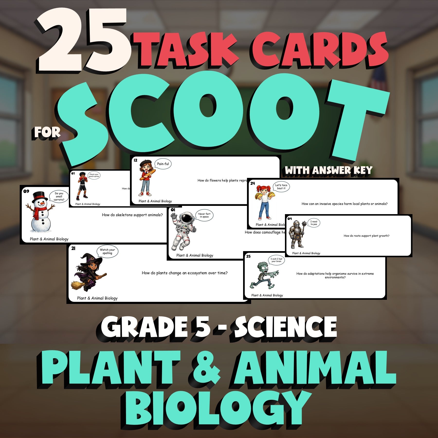 Plant & Animal Biology SCOOT TASK CARDS Science Game - No Prep Grade 5 Review