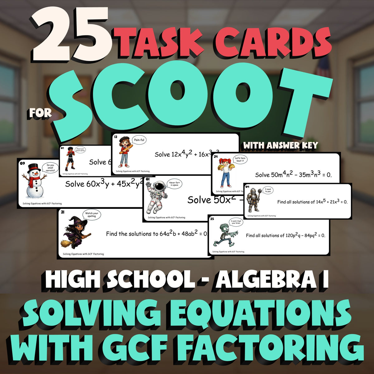 Solving Equations with GCF Factoring SCOOT TASK CARDS Math Game - Algebra 1