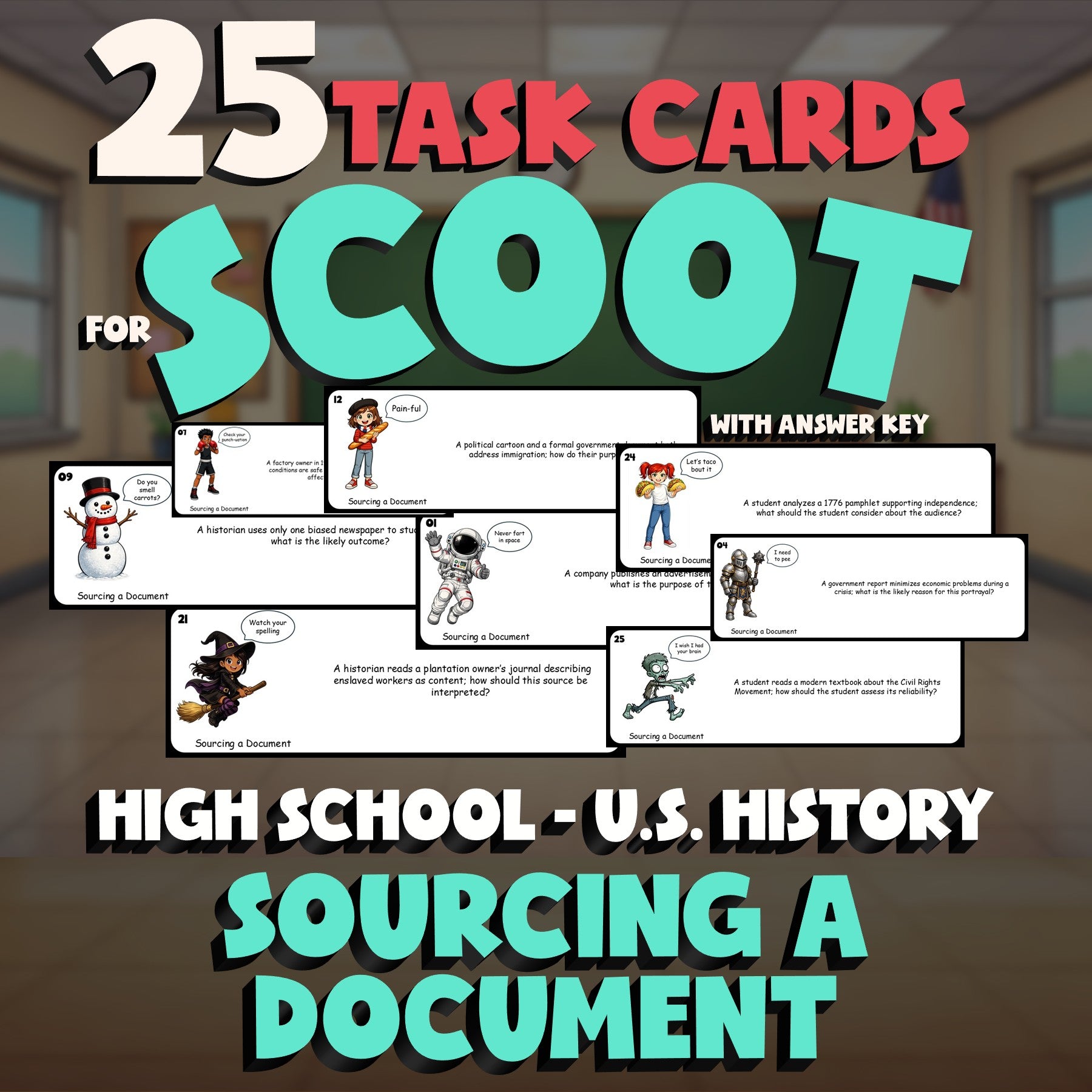 Sourcing a Document SCOOT TASK CARDS U.S. History Game - No Prep Review Activity