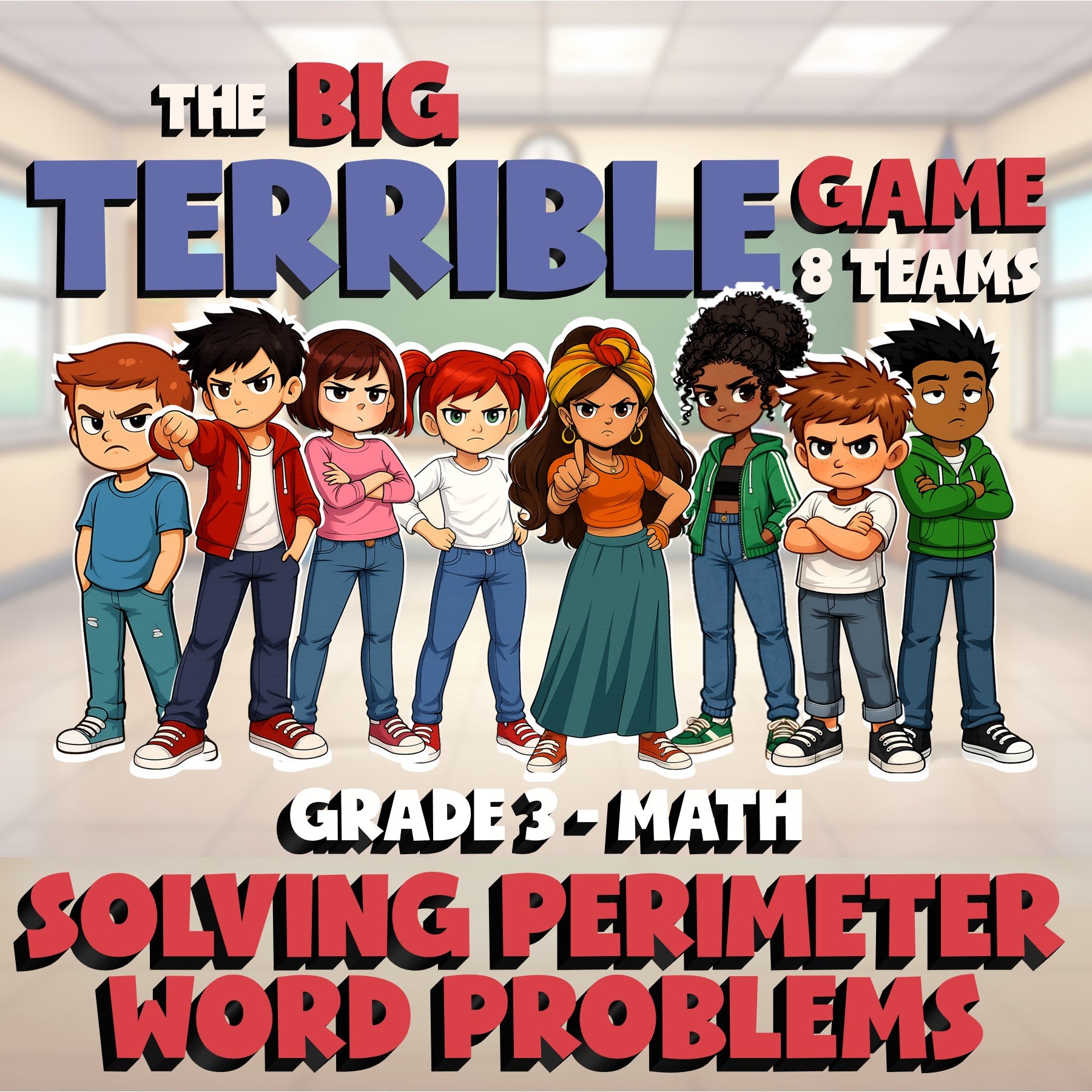 Solving Perimeter Word Problems BIG TERRIBLE GAME - No Prep Grade 3 Math Review