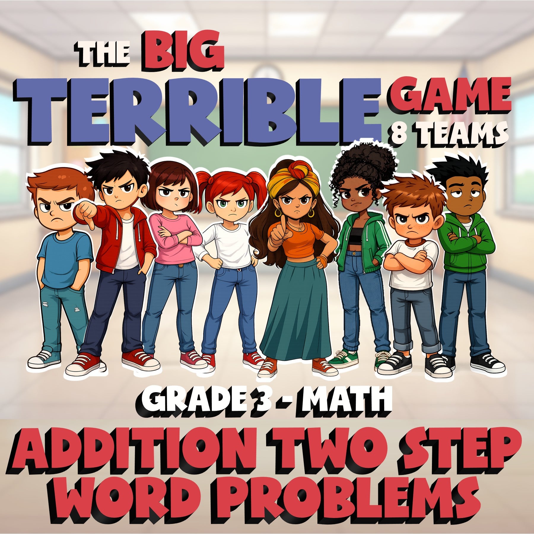 Addition Two Step Word Problems BIG TERRIBLE GAME - No Prep Grade 3 Math Review