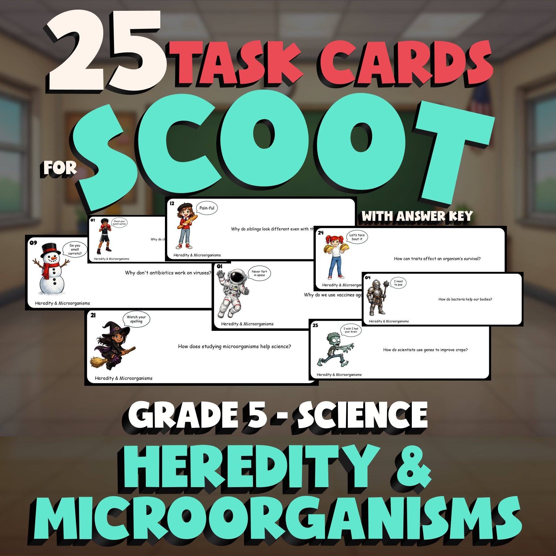 Heredity & Microorganisms SCOOT TASK CARDS Science Game - No Prep Grade 5 Review