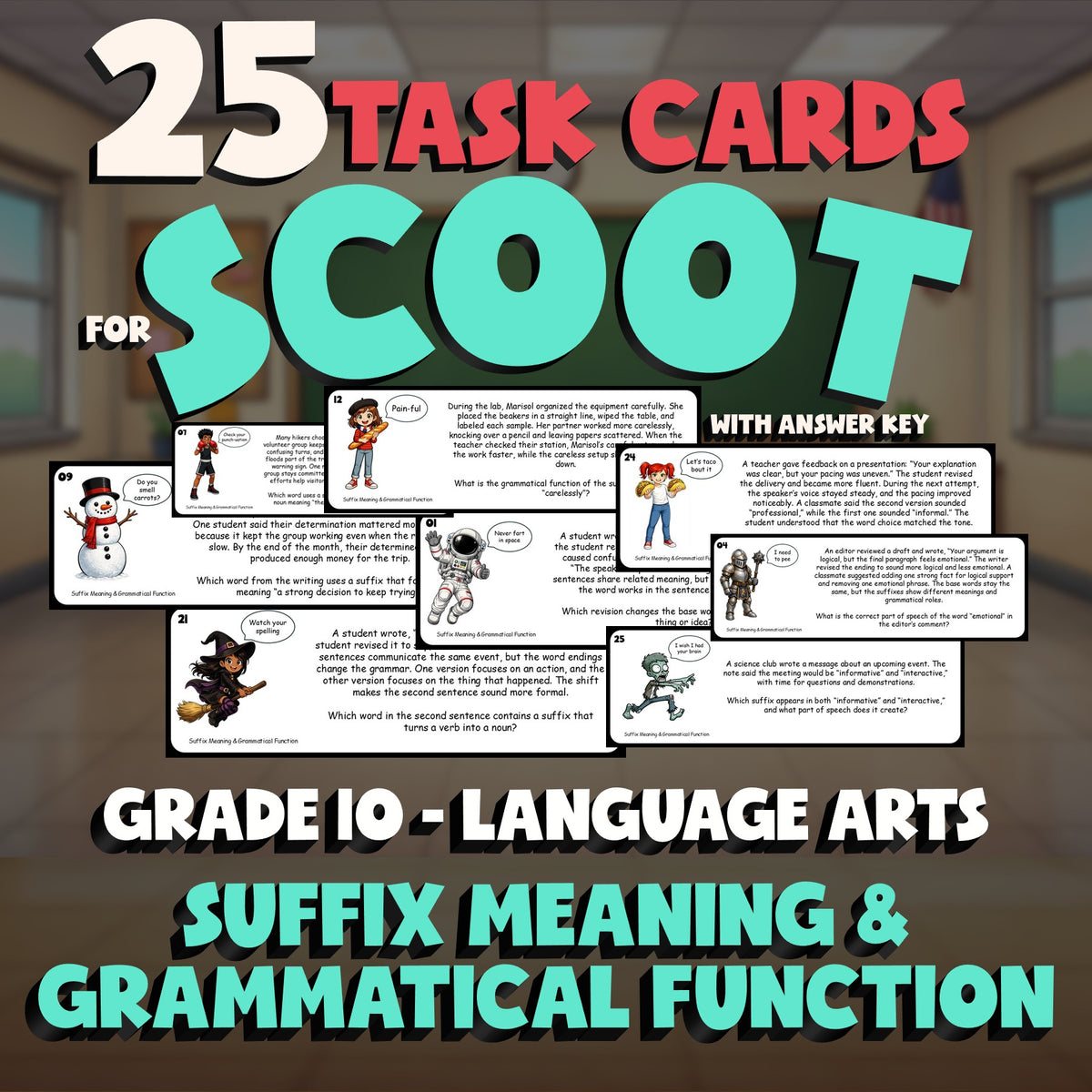 Suffix Meaning & Grammatical Function SCOOT TASK CARDS ELA Game - Grade 10