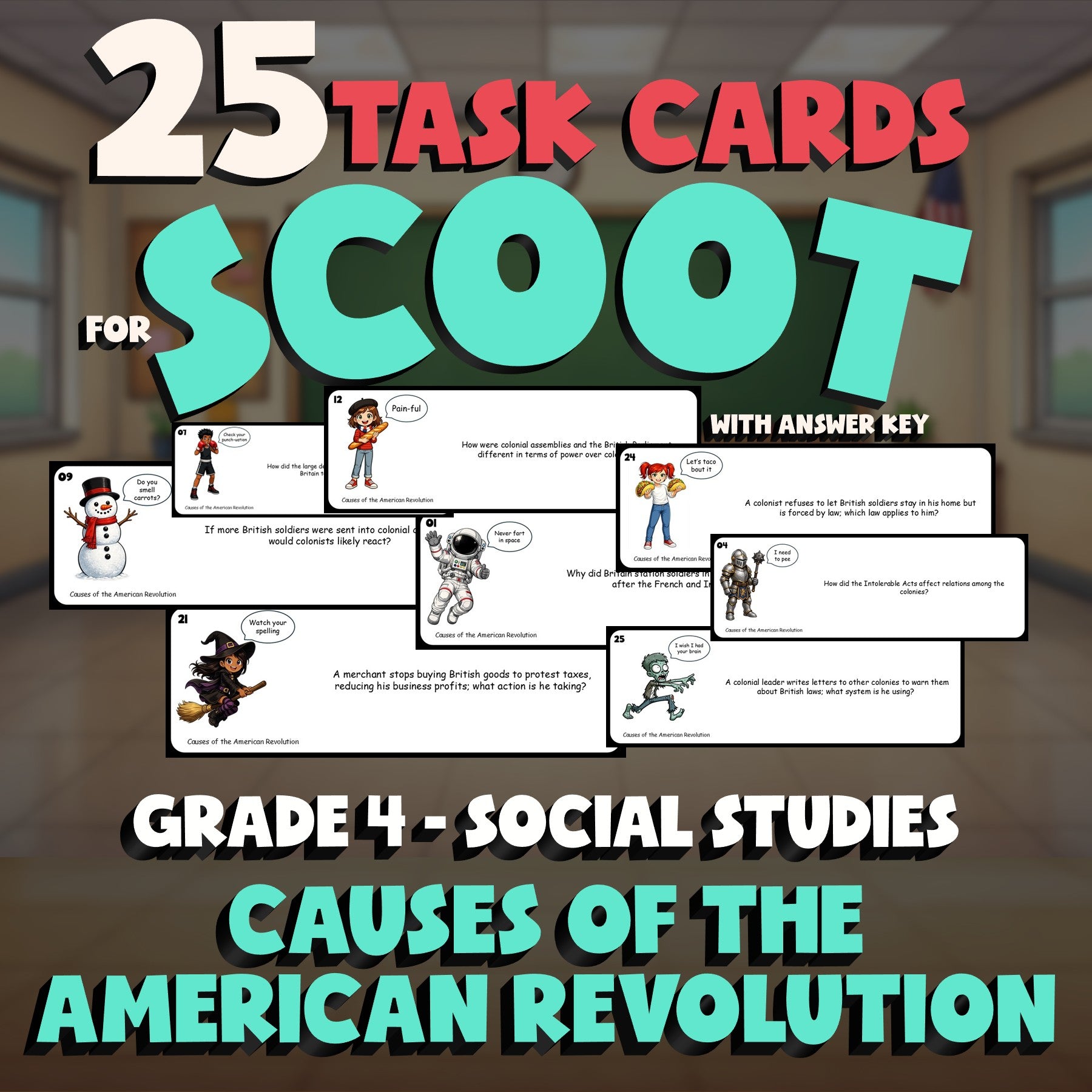 Causes of the American Revolution SCOOT TASK CARDS Socials Game - Grade 4
