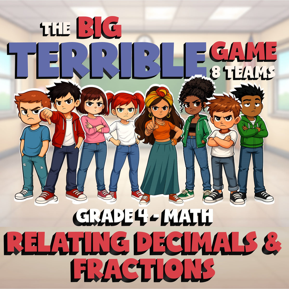 Relating Decimals & Fractions BIG TERRIBLE GAME - No Prep Grade 4 Math Review