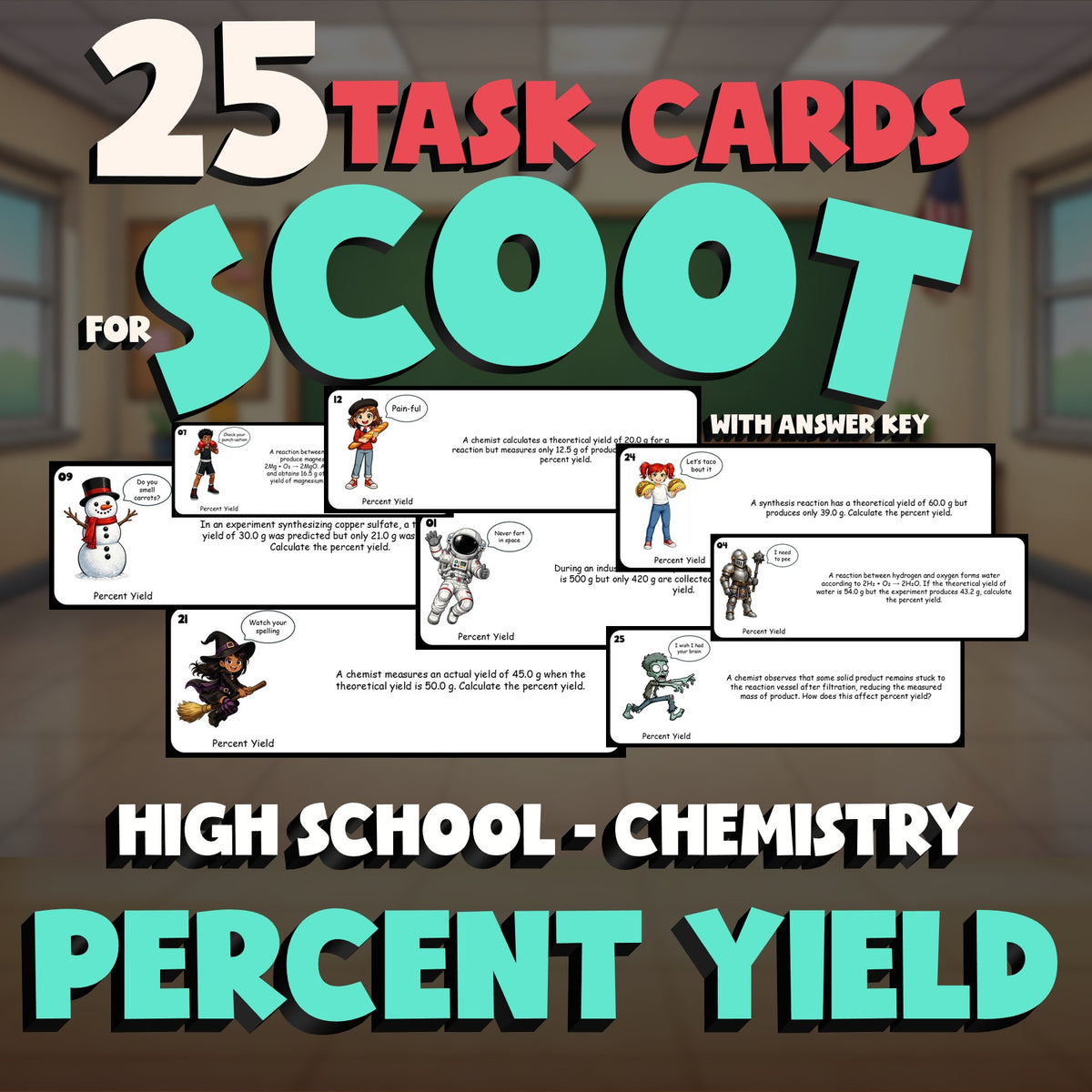 Percent Yield SCOOT TASK CARDS Science Game - No Prep Chemistry Review Activity