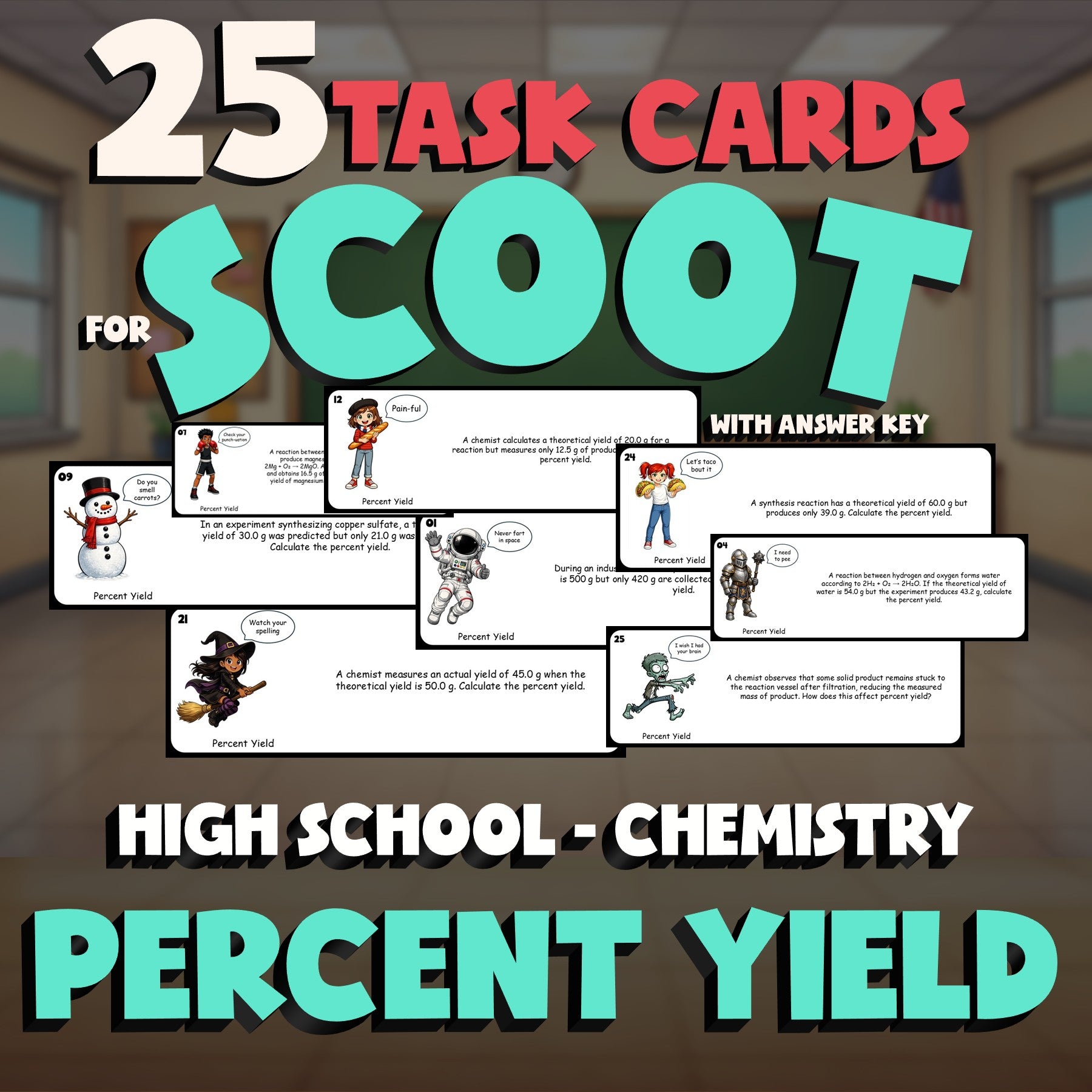 Percent Yield SCOOT TASK CARDS Science Game - No Prep Chemistry Review Activity