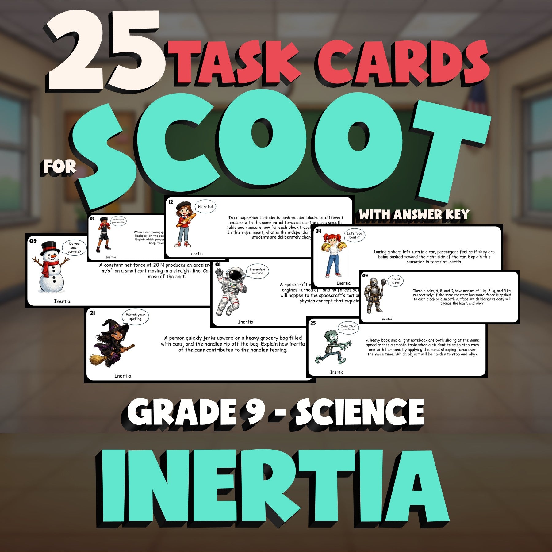 Inertia SCOOT TASK CARDS Science Game - No Prep Grade 9 Review Activity