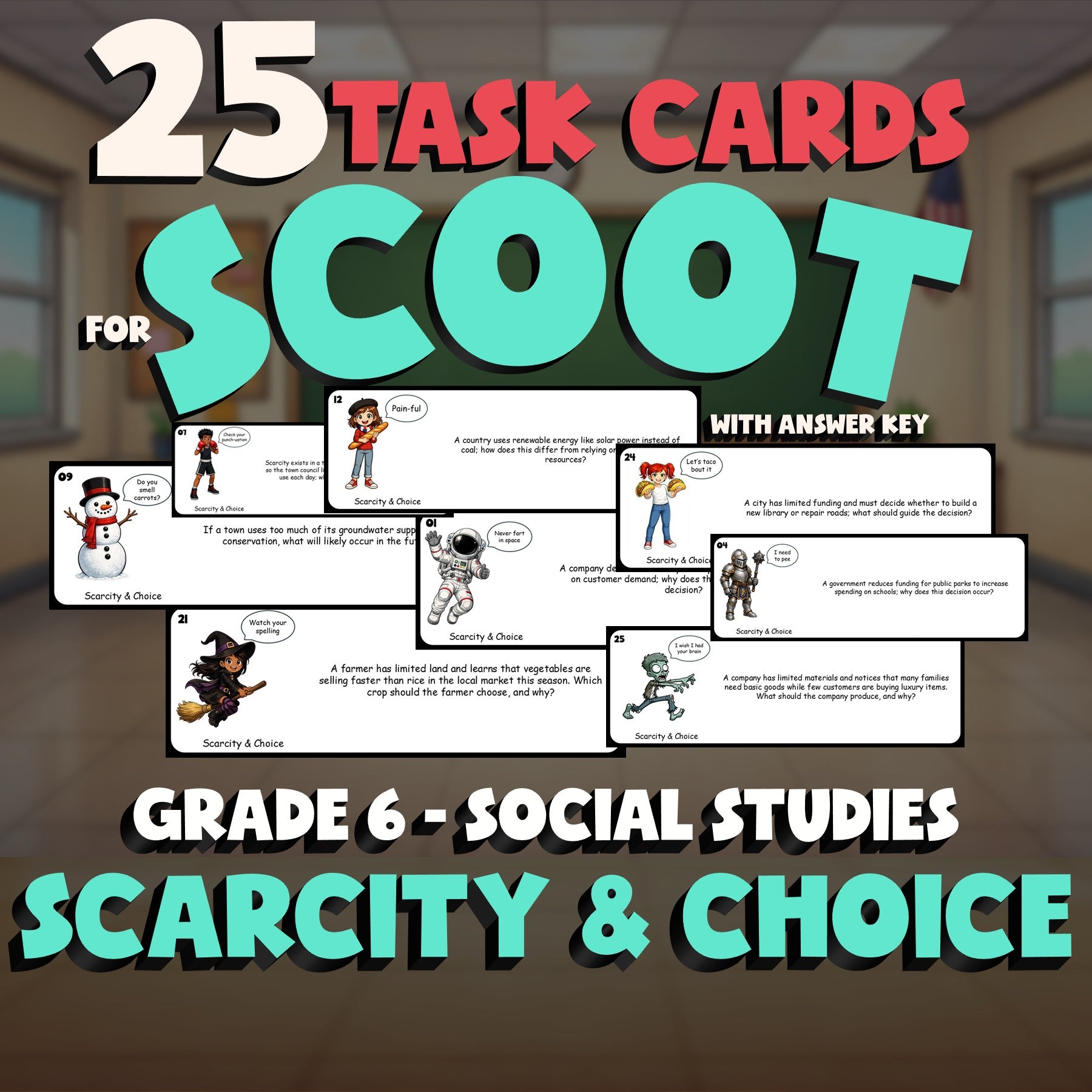 Scarcity & Choice SCOOT TASK CARDS Socials Game - No Prep Grade 6 Review