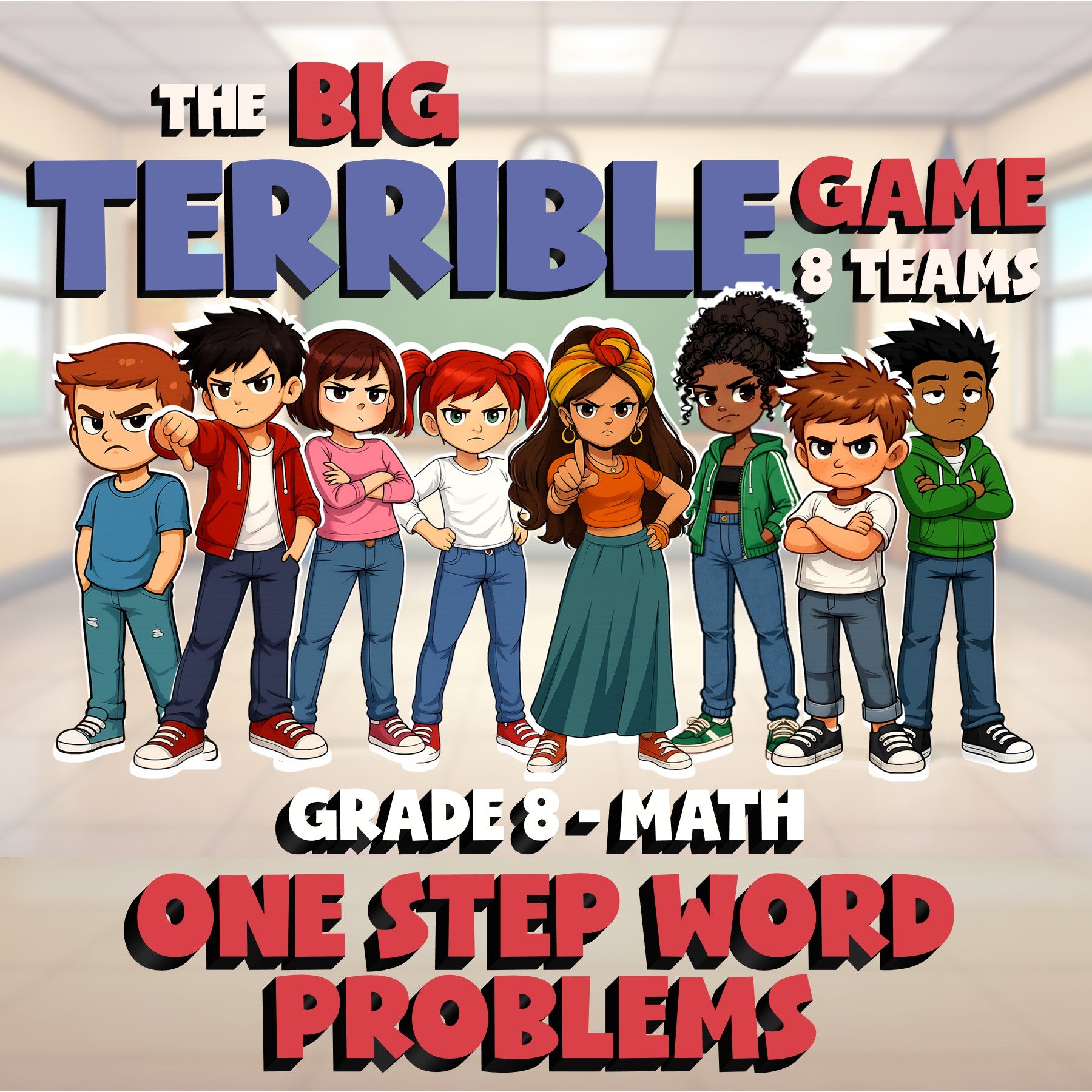 One Step Word Problems BIG TERRIBLE GAME - No Prep Grade 8 Math Review Activity