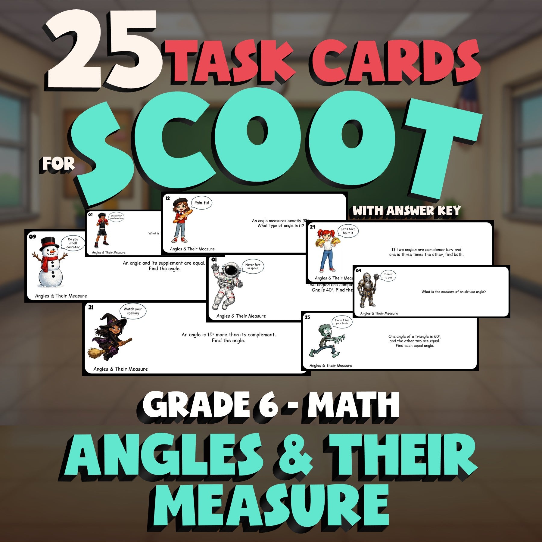 Angles & Their Measure SCOOT TASK CARDS Math Game - No Prep Grade 6 Review