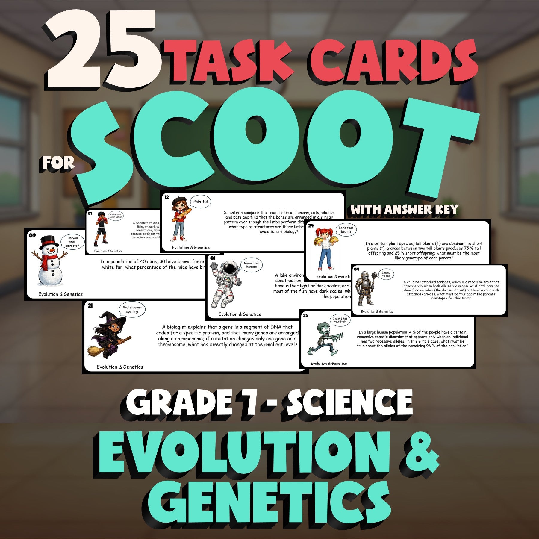Evolution & Genetics SCOOT TASK CARDS Science Game - No Prep Grade 7 Review