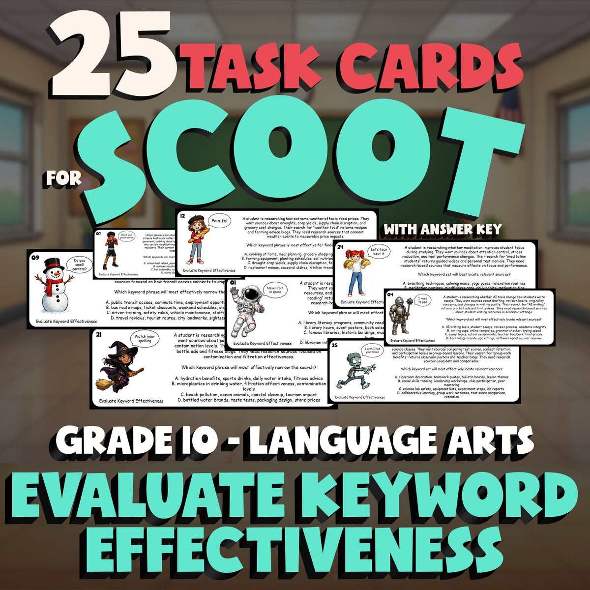Evaluate Keyword Effectiveness SCOOT TASK CARDS ELA Game - No Prep Grade 10