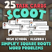 Simplify Square Roots Word Problems SCOOT TASK CARDS Math Game - Algebra 1