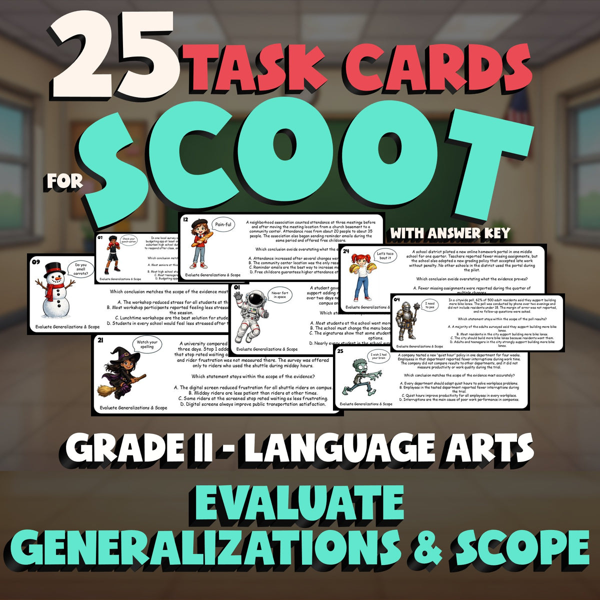 Evaluate Generalizations & Scope SCOOT TASK CARDS ELA Game - No Prep Grade 11