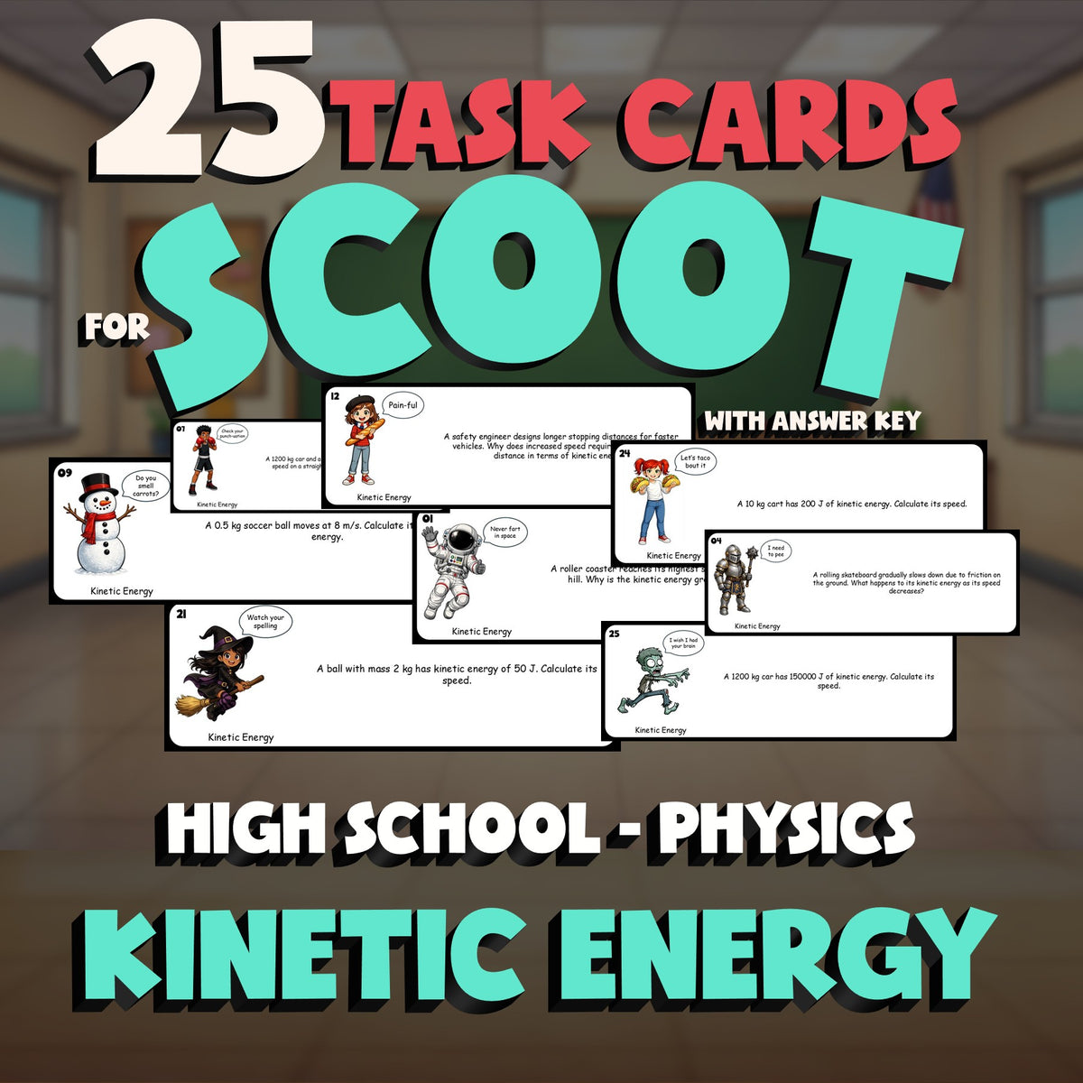Kinetic Energy SCOOT TASK CARDS Science Game - No Prep Physics Review Activity