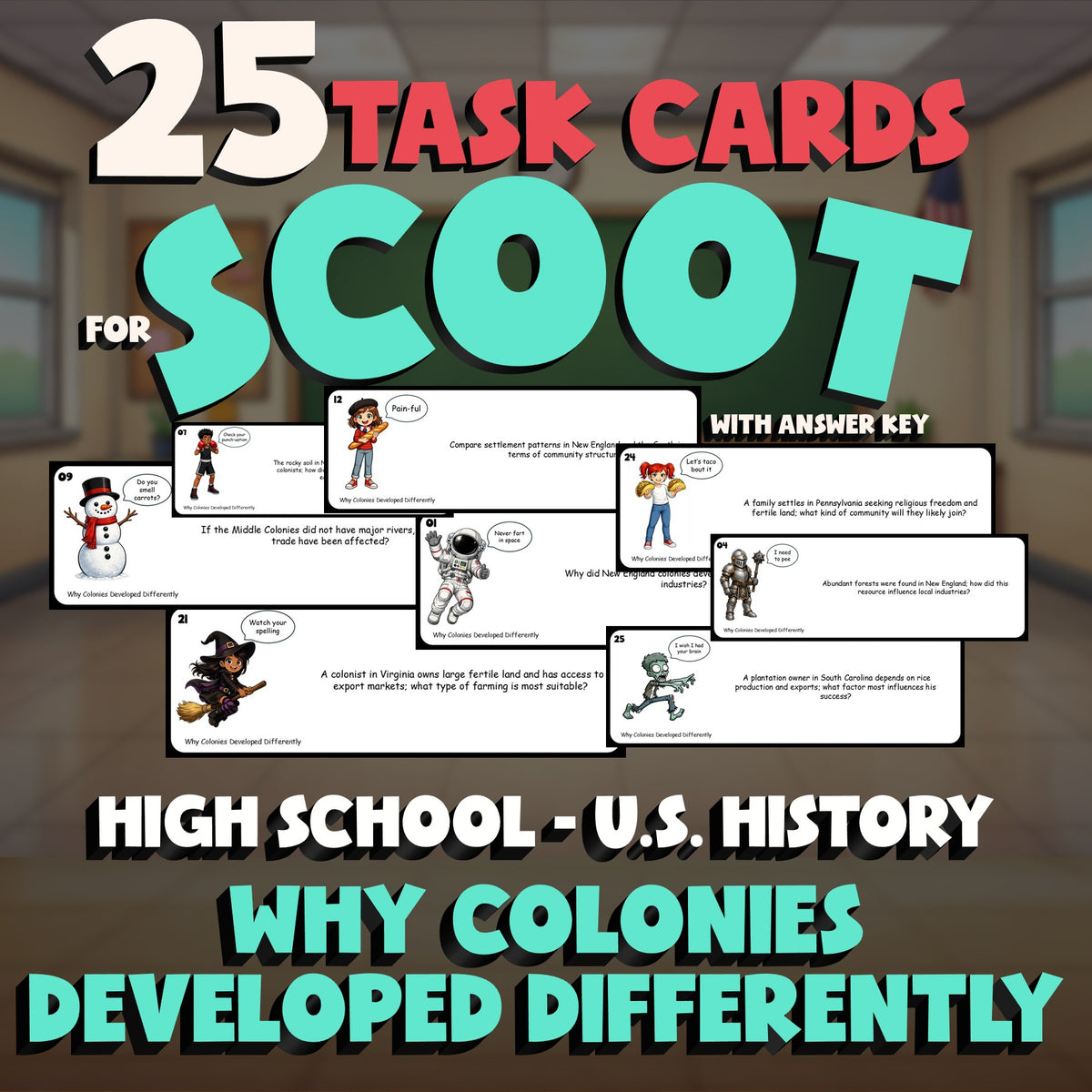 Why Colonies Developed Differently SCOOT TASK CARDS U.S. History Game - No Prep