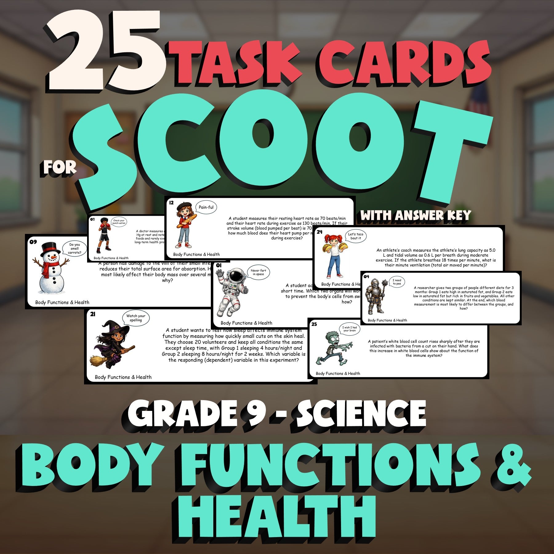 Body Functions & Health SCOOT TASK CARDS Science Game - No Prep Grade 9 Review