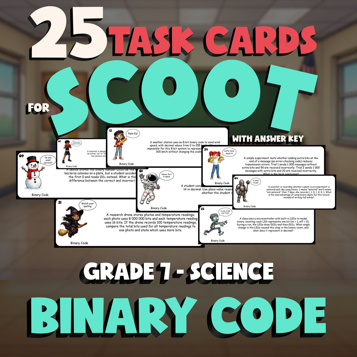 Binary Code SCOOT TASK CARDS Science Game - No Prep Grade 7 Review Activity