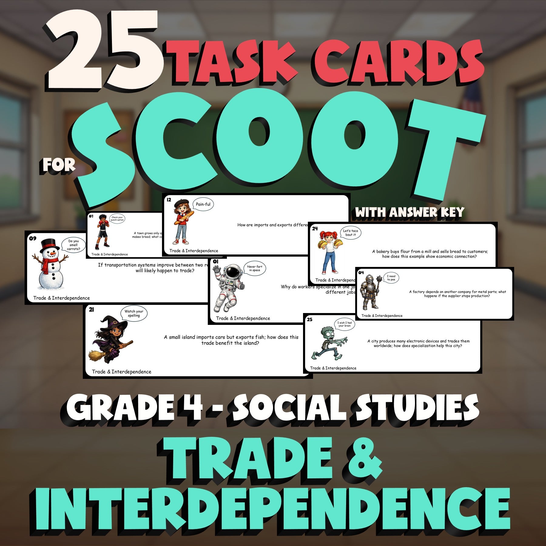 Trade & Interdependence SCOOT TASK CARDS Socials Game - No Prep Grade 4 Review