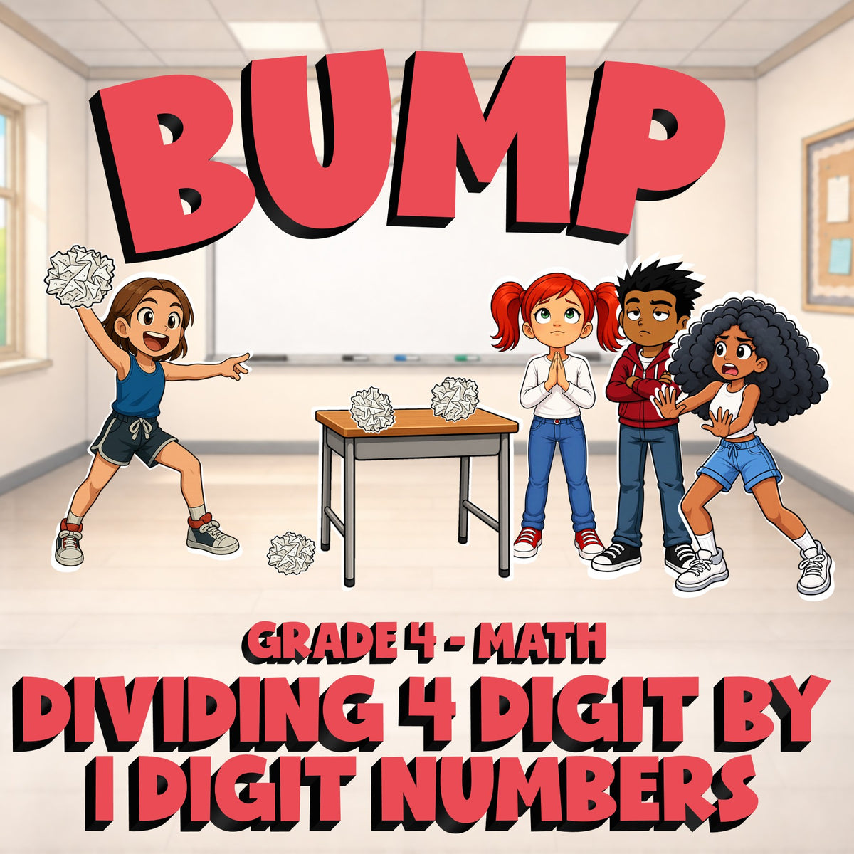 Dividing 4 Digit by 1 Digit Numbers BUMP Math Game - No Prep Grade 4 Review