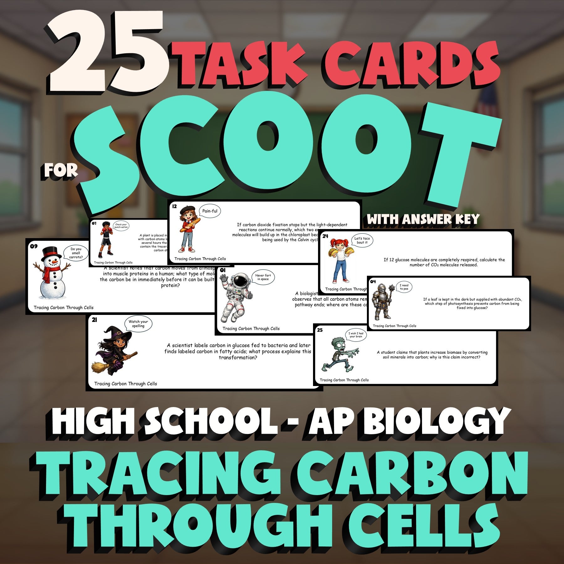 Tracing Carbon Through Cells SCOOT TASK CARDS Science Game - No Prep AP Biology