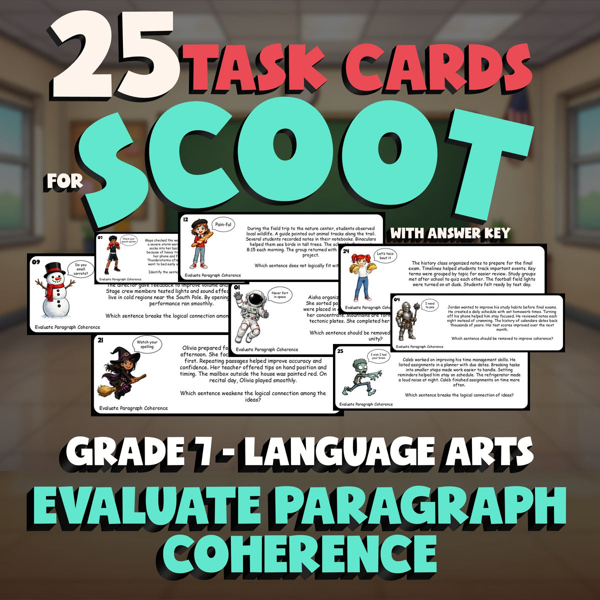 Evaluate Paragraph Coherence SCOOT TASK CARDS ELA Game - No Prep Grade 7 Review