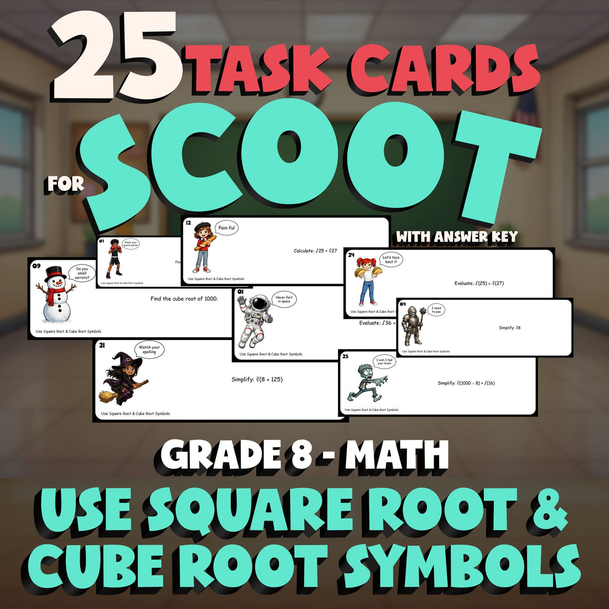 Use Square Root & Cube Root Symbols SCOOT TASK CARDS Math Game - No Prep Grade 8