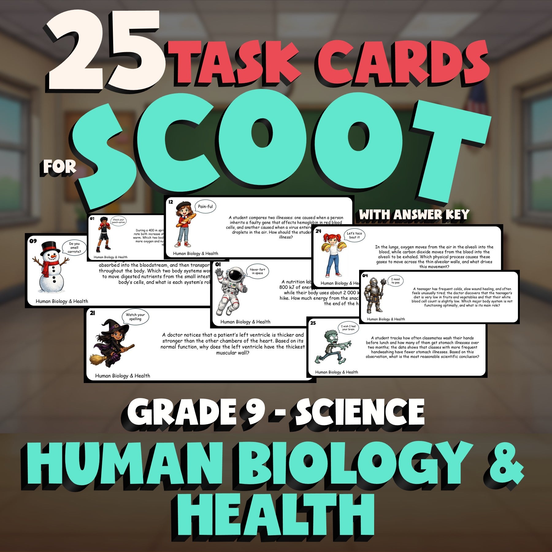 Human Biology & Health SCOOT TASK CARDS Science Game - No Prep Grade 9 Review