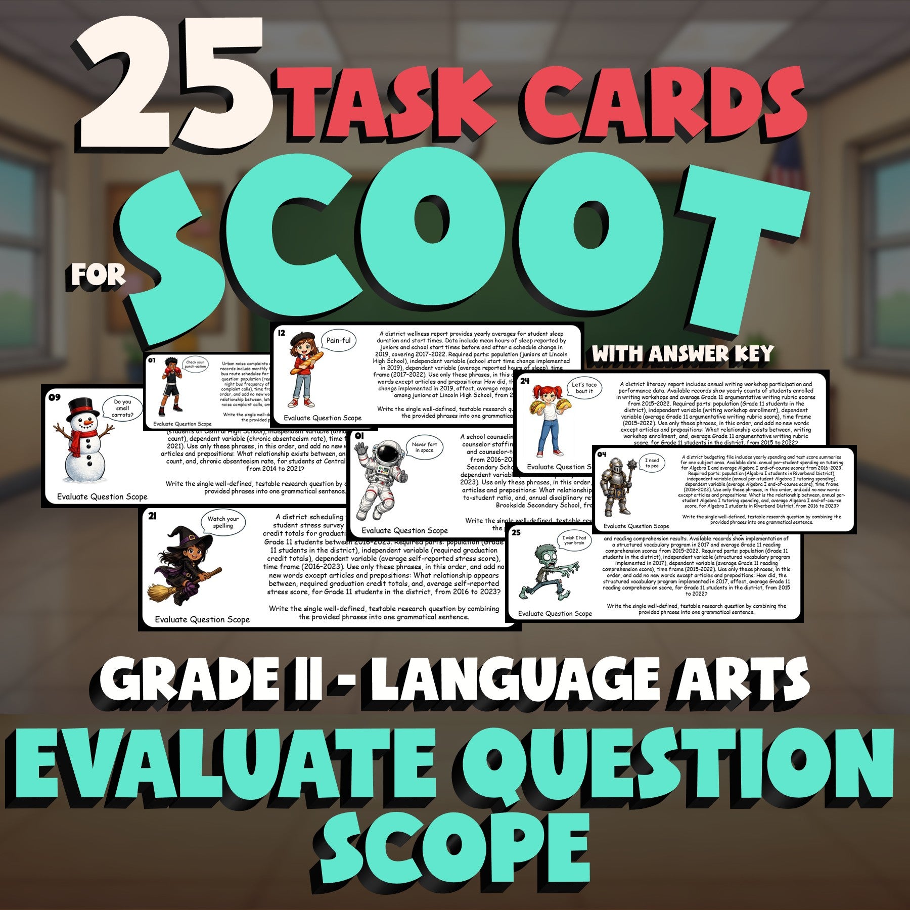 Evaluate Question Scope SCOOT TASK CARDS ELA Game - No Prep Grade 11 Review