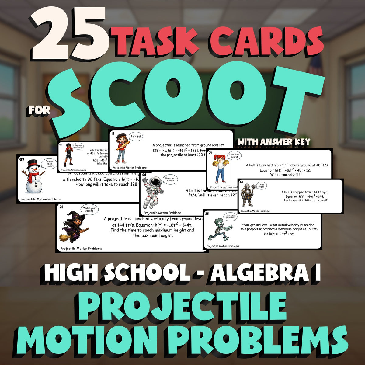 Projectile Motion Problems SCOOT TASK CARDS Math Game - No Prep Algebra 1 Review