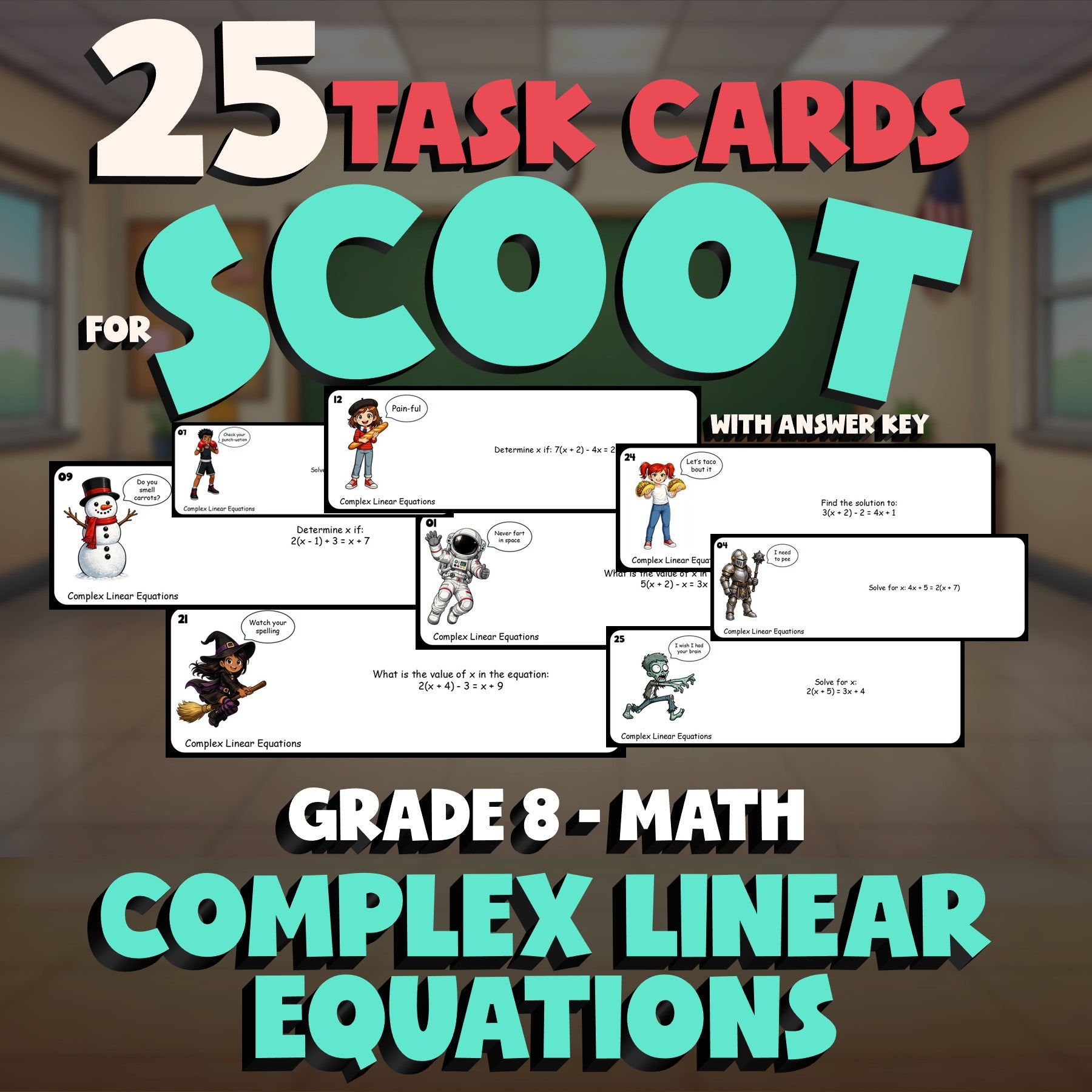Complex Linear Equations SCOOT TASK CARDS Math Game - No Prep Grade 8 Review