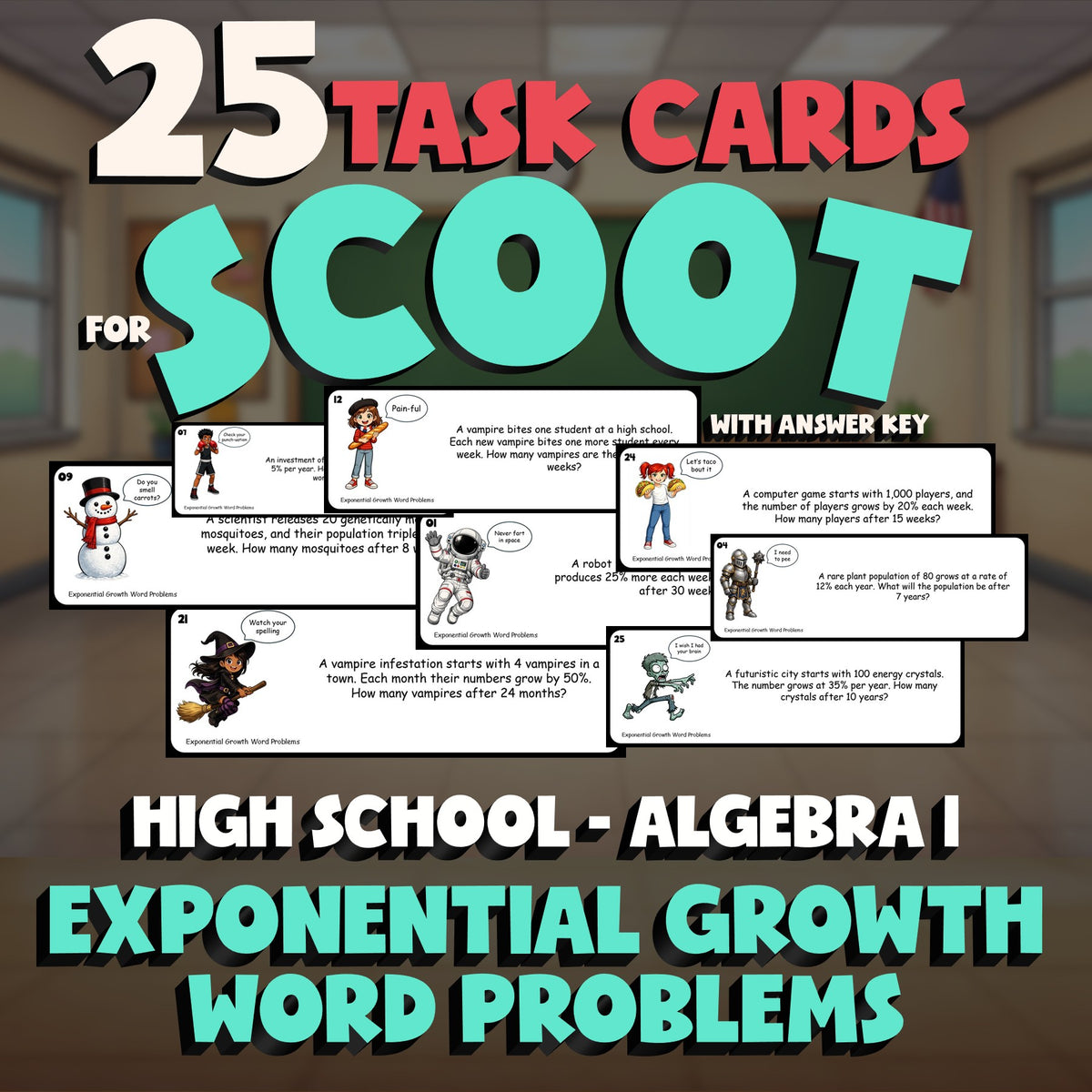 Exponential Growth Word Problems SCOOT TASK CARDS Math Game - No Prep Algebra 1